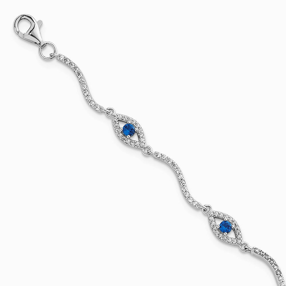 Sterling Silver RH-Pl. Pol. Lab Cr. Spinel CZ Evil Eye 6in w/ 2in Ext Bracelet - Product Photo