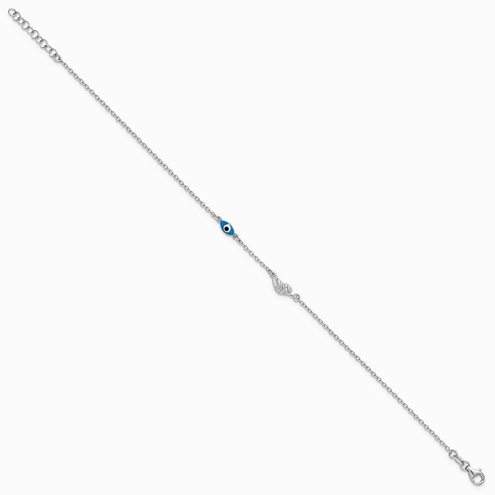 Sterling Silver SSilver RH-Pl. Enamel Evil Eye w/ Leaf 9in Plus 1in ext. Anklet - Product Photo