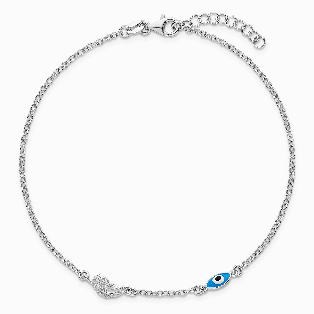 Sterling Silver SSilver RH-Pl. Enamel Evil Eye w/ Leaf 9in Plus 1in ext. Anklet - Product Photo