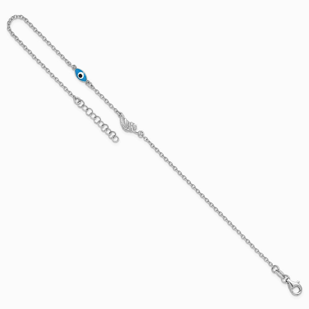 Sterling Silver SSilver RH-Pl. Enamel Evil Eye w/ Leaf 9in Plus 1in ext. Anklet - Product Photo