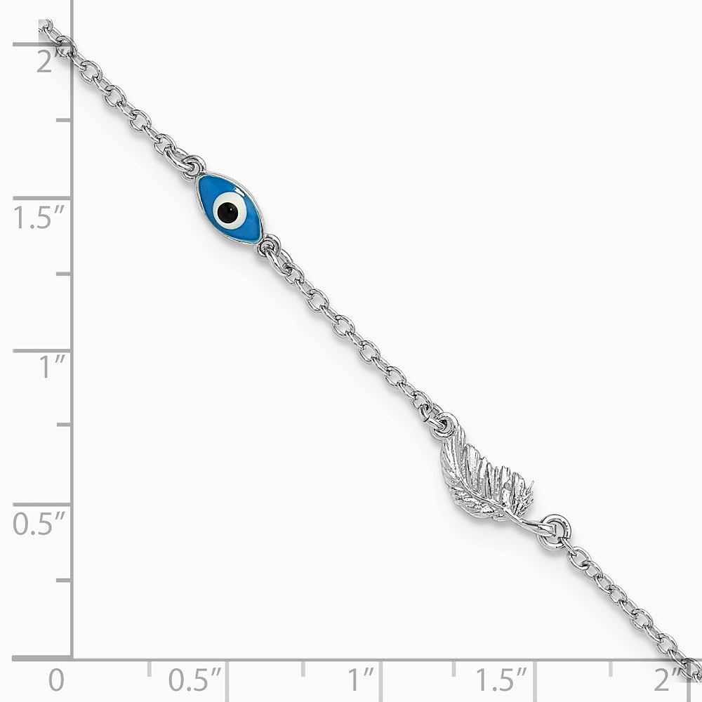 Sterling Silver SSilver RH-Pl. Enamel Evil Eye w/ Leaf 9in Plus 1in ext. Anklet - Product Photo