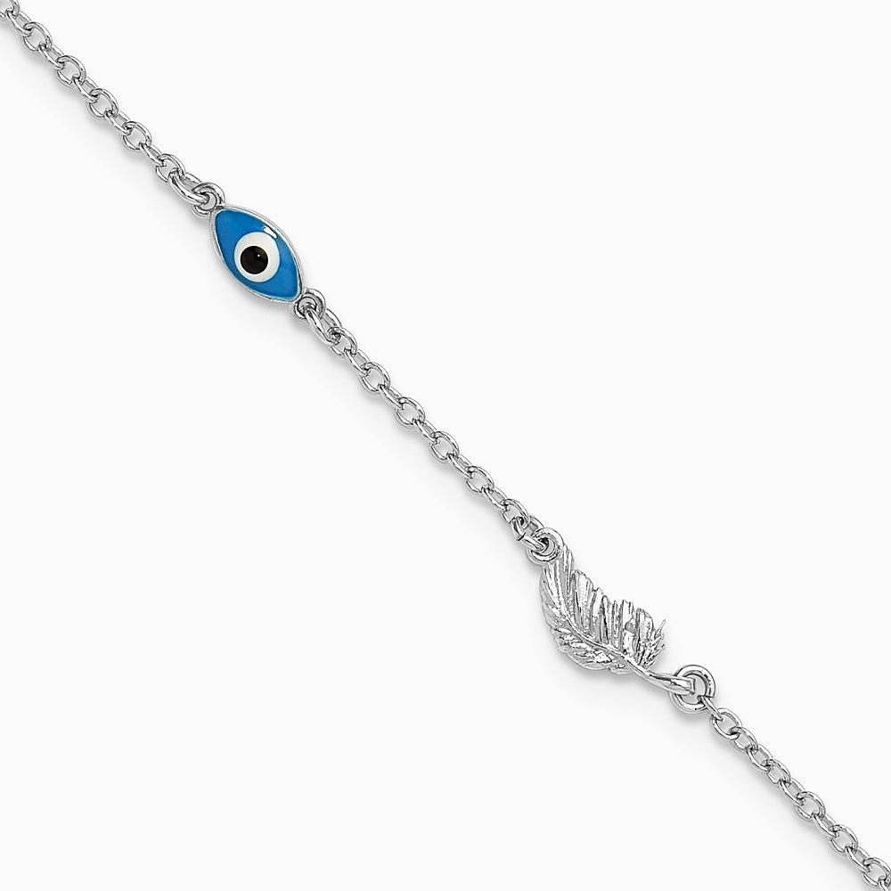 Sterling Silver SSilver RH-Pl. Enamel Evil Eye w/ Leaf 9in Plus 1in ext. Anklet - Product Photo
