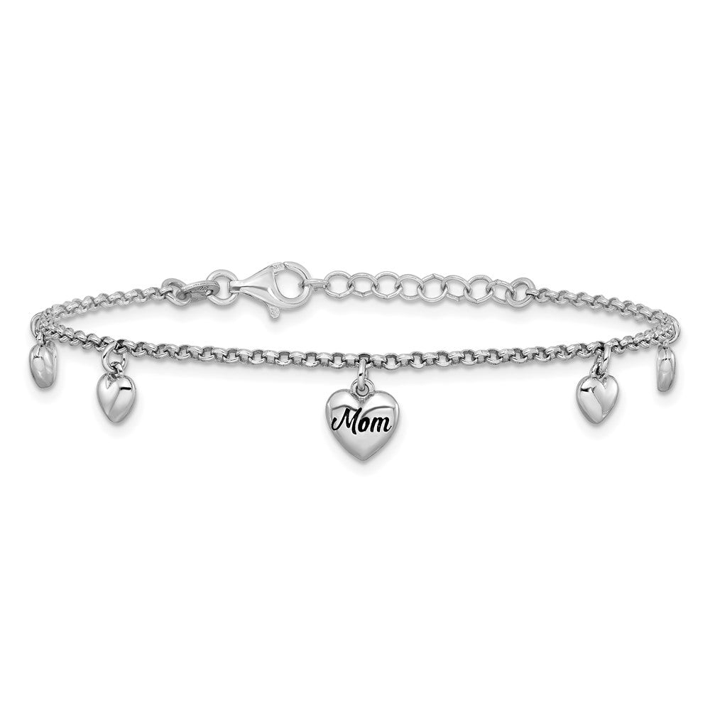 Sterling Silver Rhodium-plated Heart Enamel Mom Heart 6.5in w/.75in ext Bracelet - Product Photo