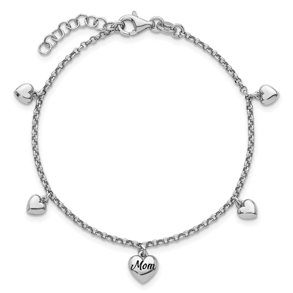 Sterling Silver Rhodium-plated Heart Enamel Mom Heart 6.5in w/.75in ext Bracelet - Product Photo