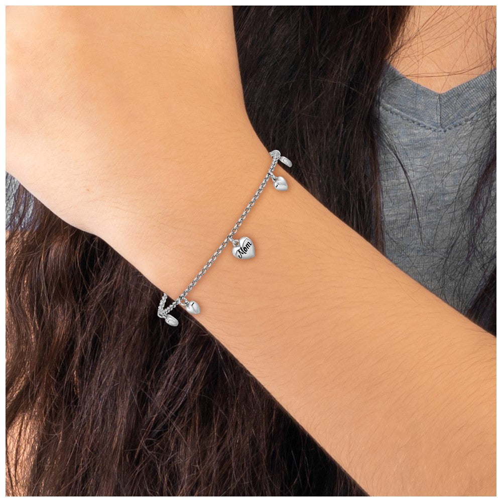Sterling Silver Rhodium-plated Heart Enamel Mom Heart 6.5in w/.75in ext Bracelet - Product Photo