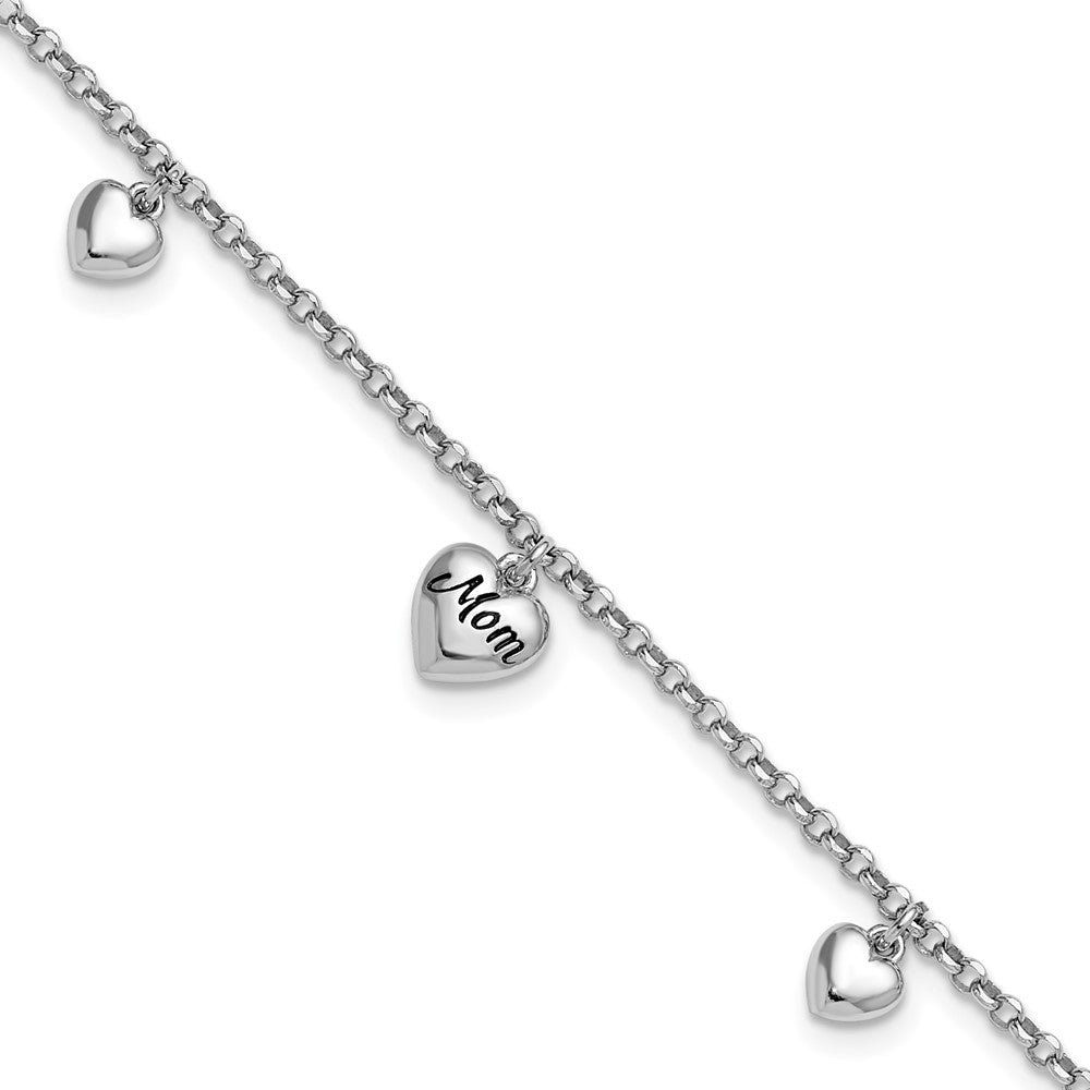 Sterling Silver Rhodium-plated Heart Enamel Mom Heart 6.5in w/.75in ext Bracelet - Product Photo