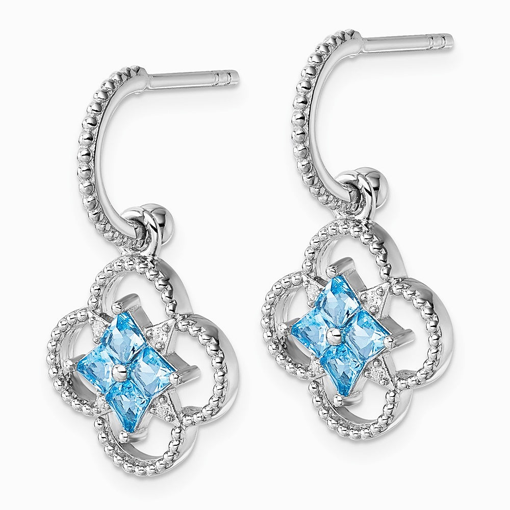Sterling Silver RH-plated CZ Removeable Clover Hoop Post Dangle Earrings - Product Photo