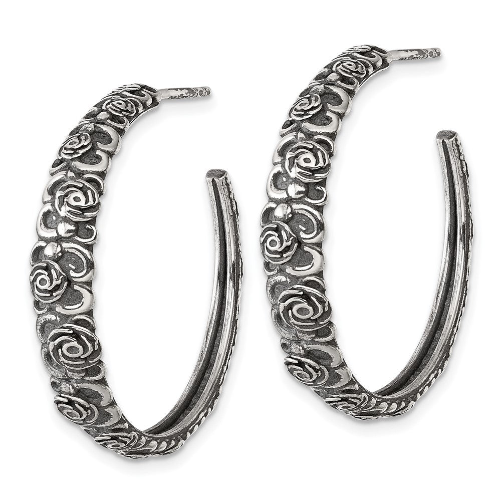 Sterling Silver Antiqued Graduated Floral Post Hoop Earrings - Product Photo