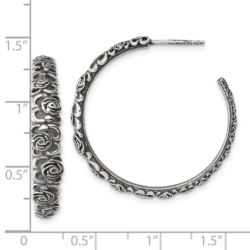 Sterling Silver Antiqued Graduated Floral Post Hoop Earrings - Product Photo