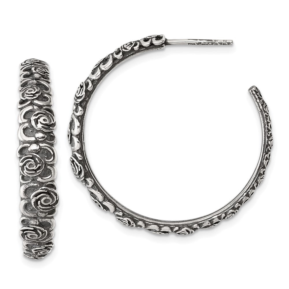 Sterling Silver Antiqued Graduated Floral Post Hoop Earrings - Product Photo
