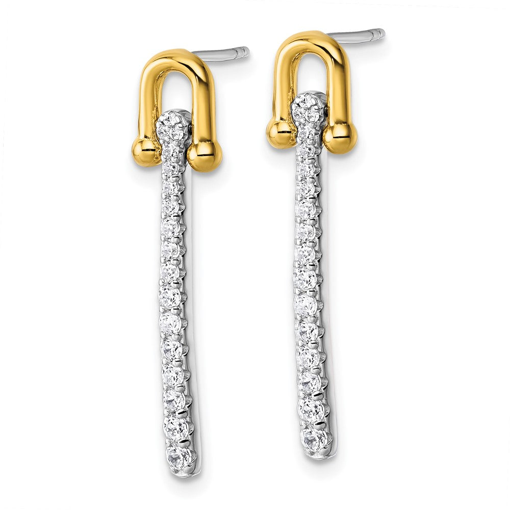 Sterling Silver Gold-tone CZ Polished And Textured Dangle Post Earrings - Product Photo