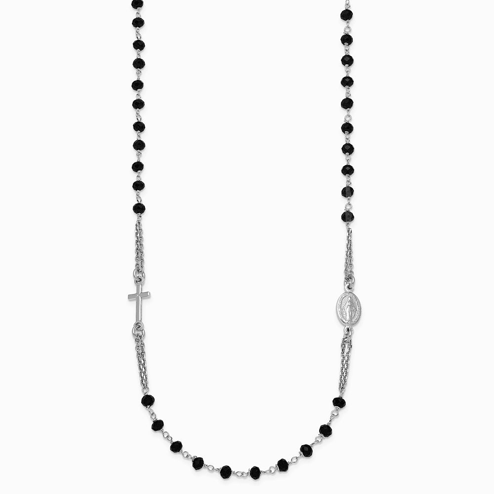 Sterling Silver RH-plated Blk Crystal 20in w/.5in ext Rosary Themed Necklace - Product Photo
