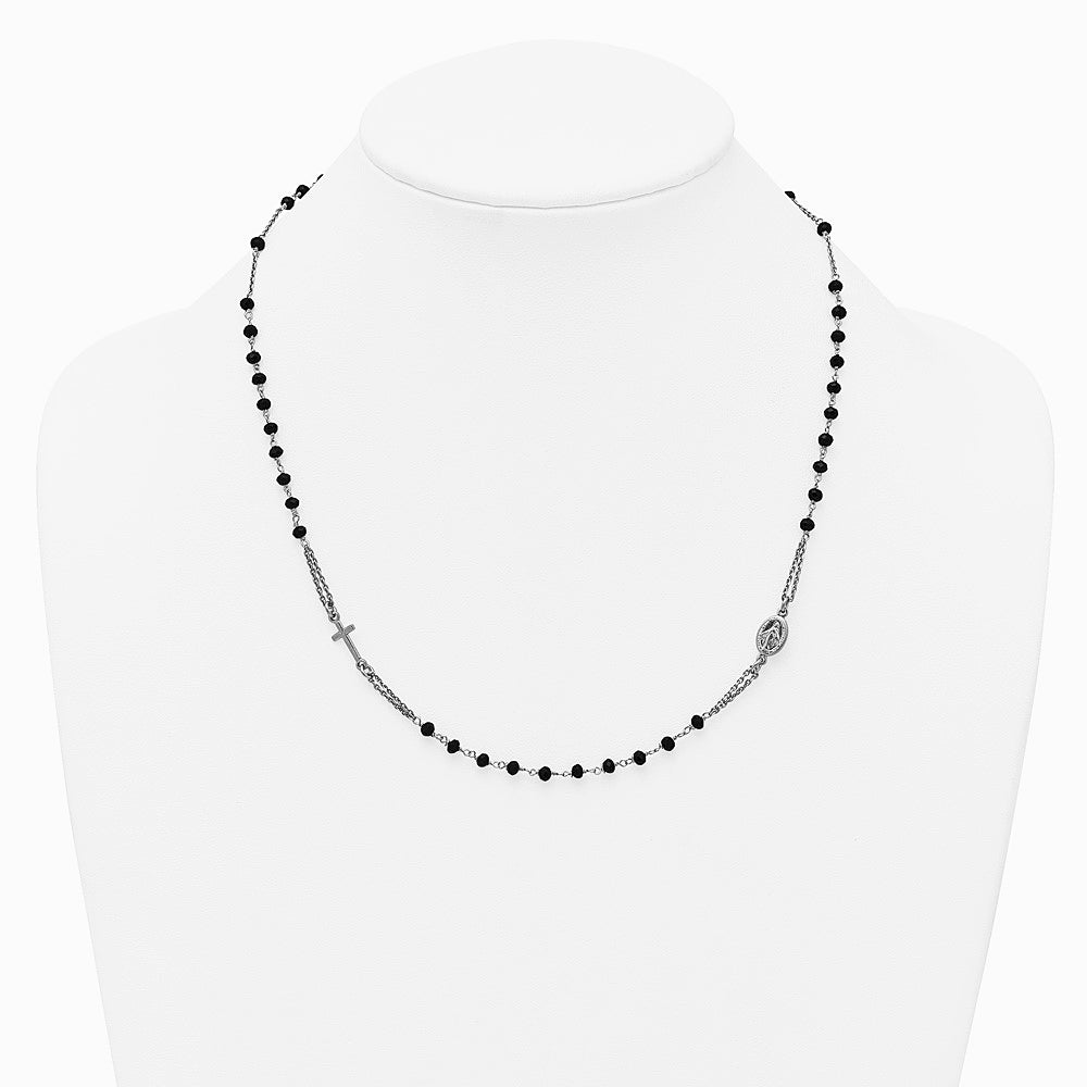 Sterling Silver RH-plated Blk Crystal 20in w/.5in ext Rosary Themed Necklace - Product Photo