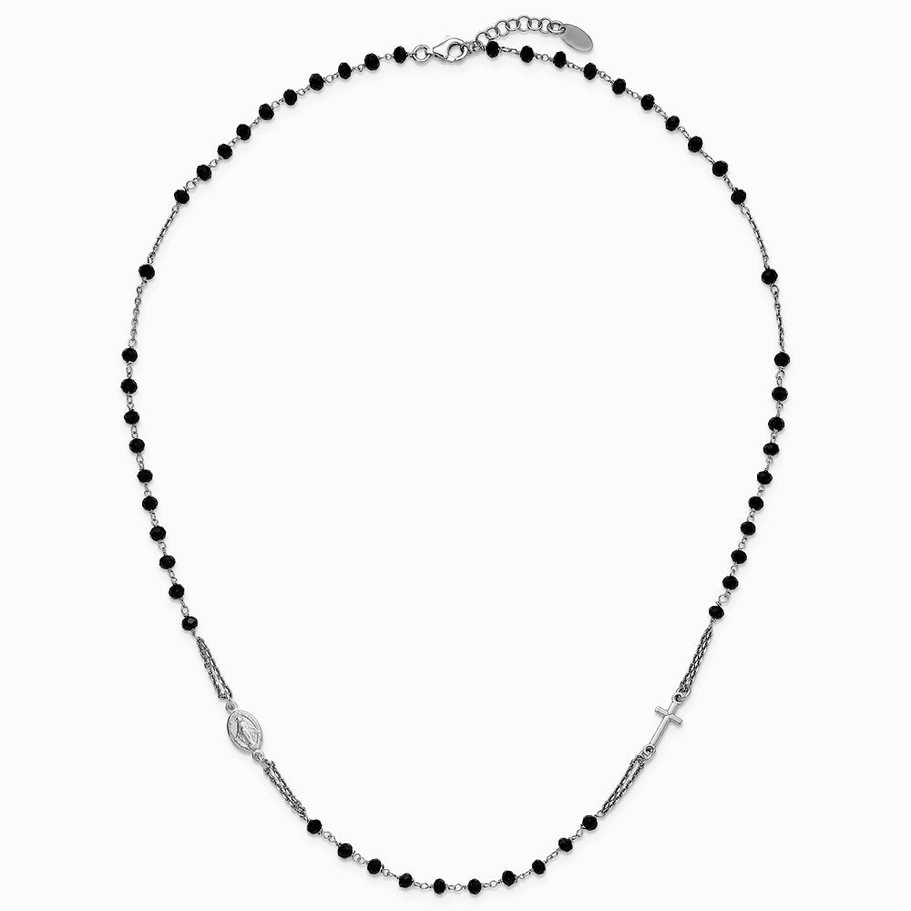 Sterling Silver RH-plated Blk Crystal 20in w/.5in ext Rosary Themed Necklace - Product Photo
