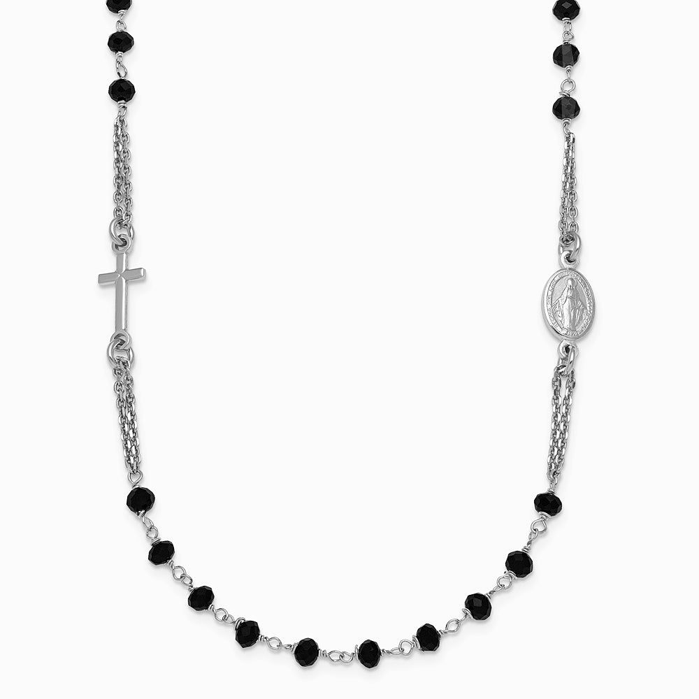 Sterling Silver RH-plated Blk Crystal 20in w/.5in ext Rosary Themed Necklace - Product Photo