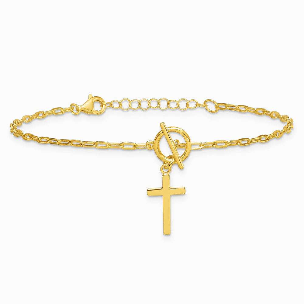Sterling Silver Gold-tone Cross Paperclip Link 6.5in with 1in Ext Bracelet - Product Photo