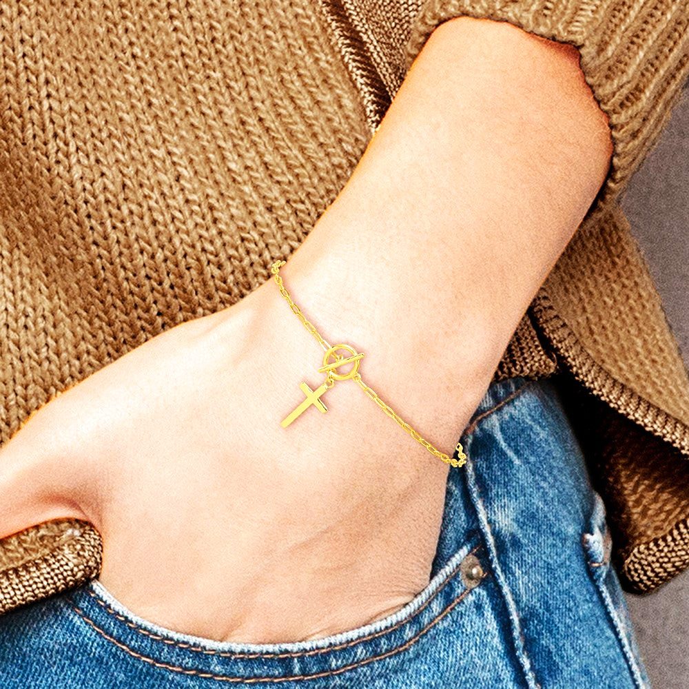 Sterling Silver Gold-tone Cross Paperclip Link 6.5in with 1in Ext Bracelet - Product Photo