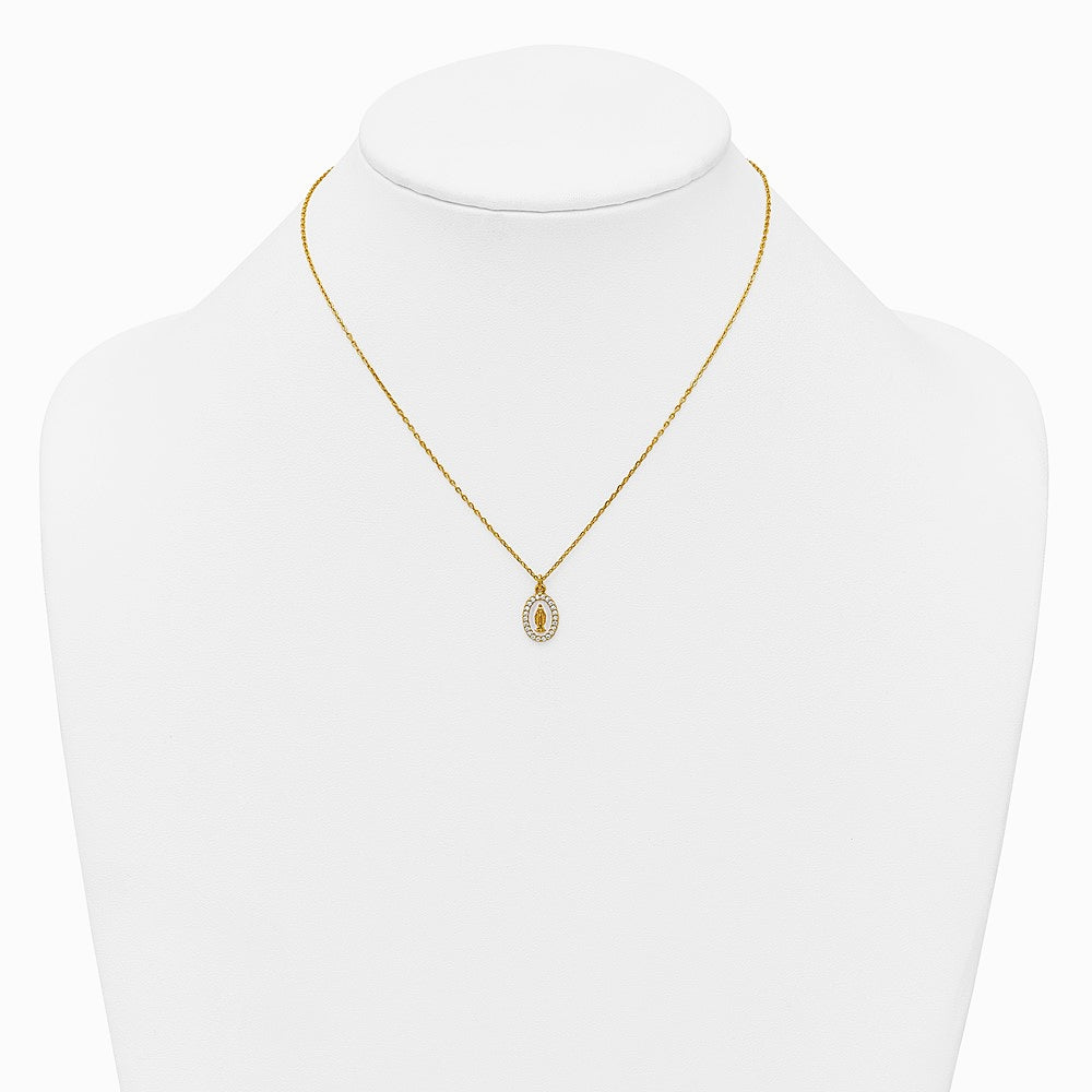 Sterling Silver Gold-plat CZ Enamel Miraculous Medal with 2in ext. Necklace - Product Photo