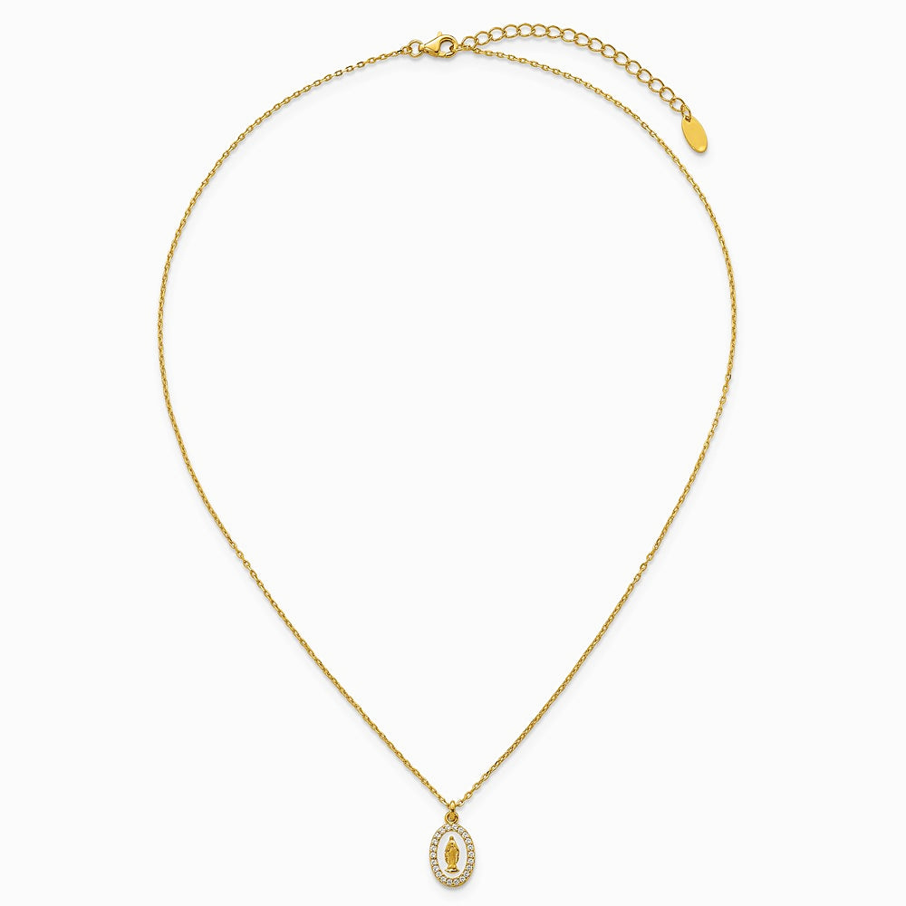 Sterling Silver Gold-plat CZ Enamel Miraculous Medal with 2in ext. Necklace - Product Photo