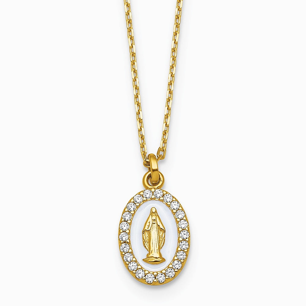 Sterling Silver Gold-plat CZ Enamel Miraculous Medal with 2in ext. Necklace - Product Photo