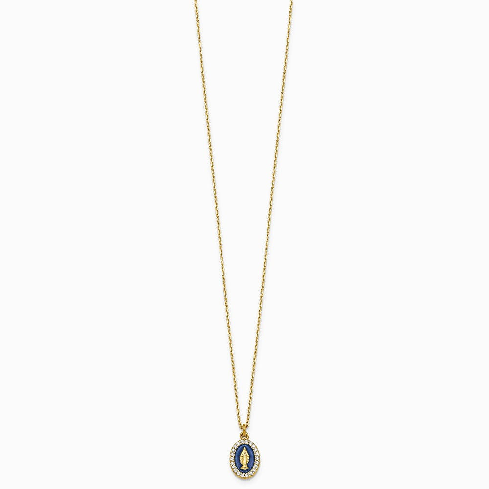 Sterling Silver Gold-plat CZ Enamel Miraculous Medal with 2in ext. Necklace - Product Photo