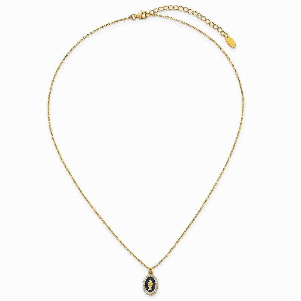 Sterling Silver Gold-plat CZ Enamel Miraculous Medal with 2in ext. Necklace - Product Photo