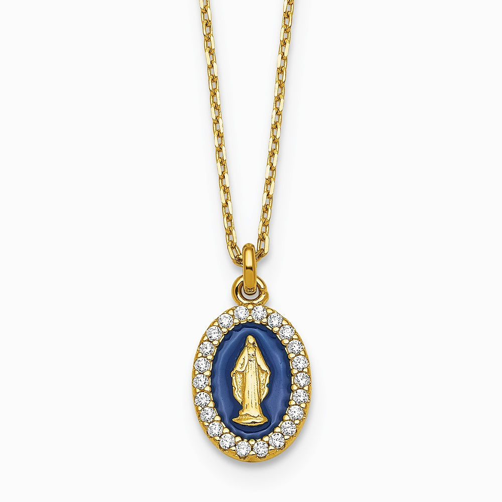 Sterling Silver Gold-plat CZ Enamel Miraculous Medal with 2in ext. Necklace - Product Photo