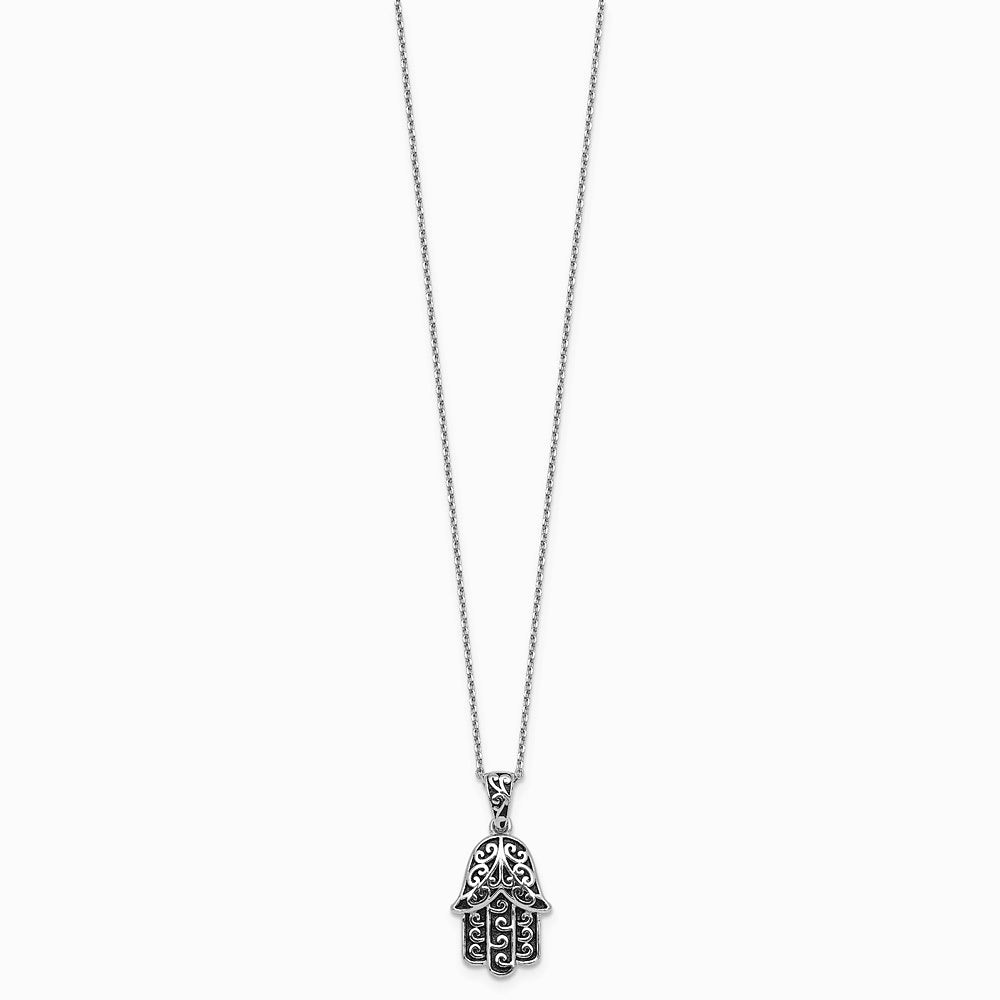 Sterling Silver RH-plated Polished/Oxidized Filigree Hamsa 18 Inch Necklace - Product Photo
