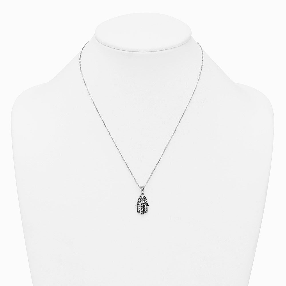 Sterling Silver RH-plated Polished/Oxidized Filigree Hamsa 18 Inch Necklace - Product Photo