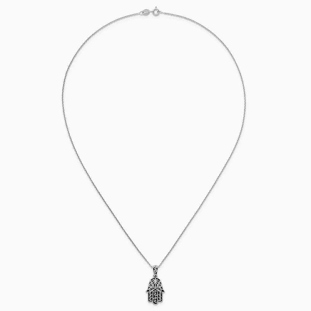 Sterling Silver RH-plated Polished/Oxidized Filigree Hamsa 18 Inch Necklace - Product Photo