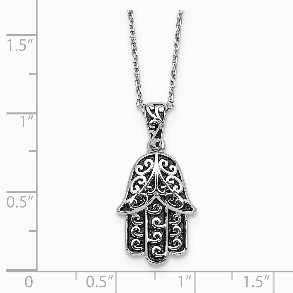 Sterling Silver RH-plated Polished/Oxidized Filigree Hamsa 18 Inch Necklace - Product Photo
