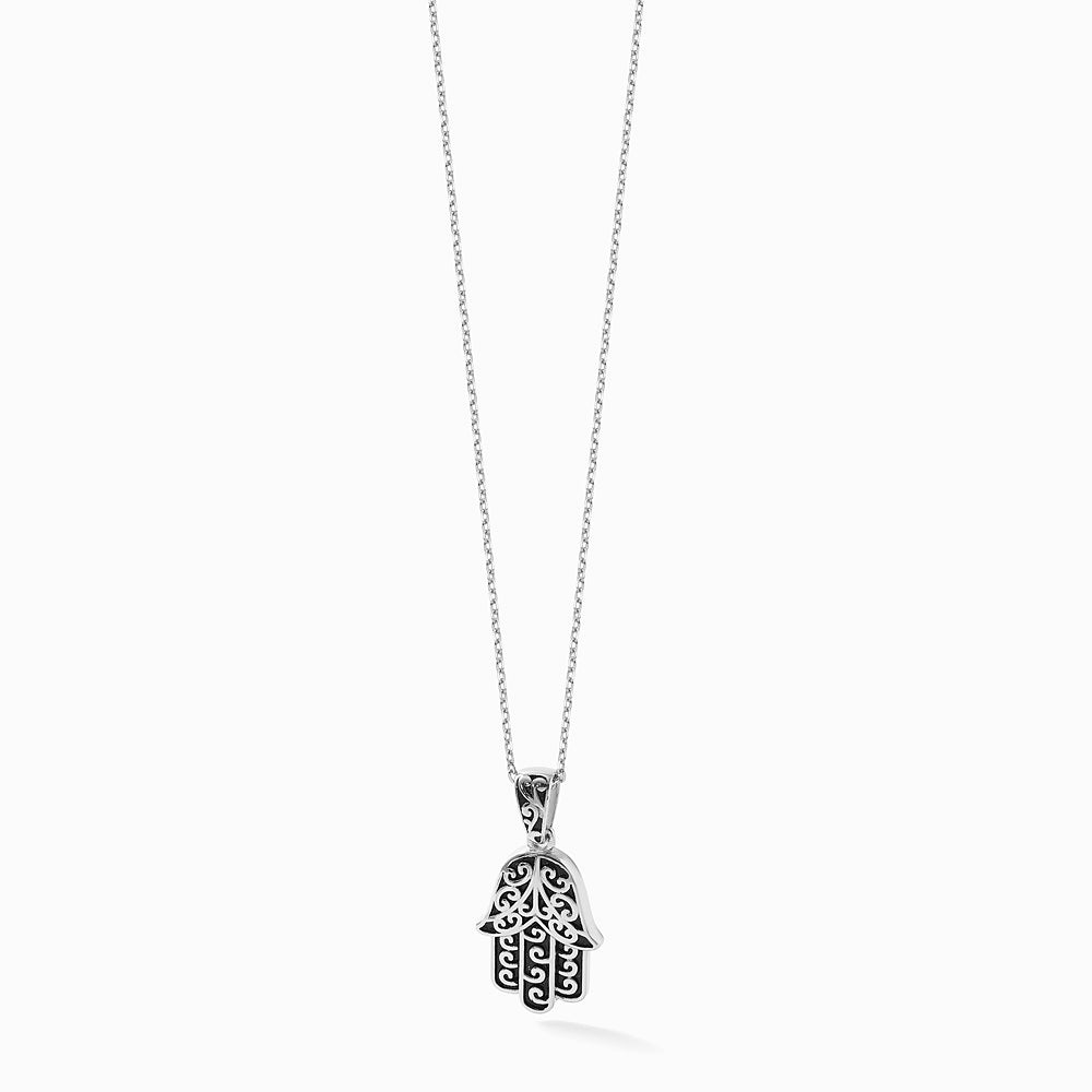Sterling Silver RH-plated Polished/Oxidized Filigree Hamsa 18 Inch Necklace - Product Photo