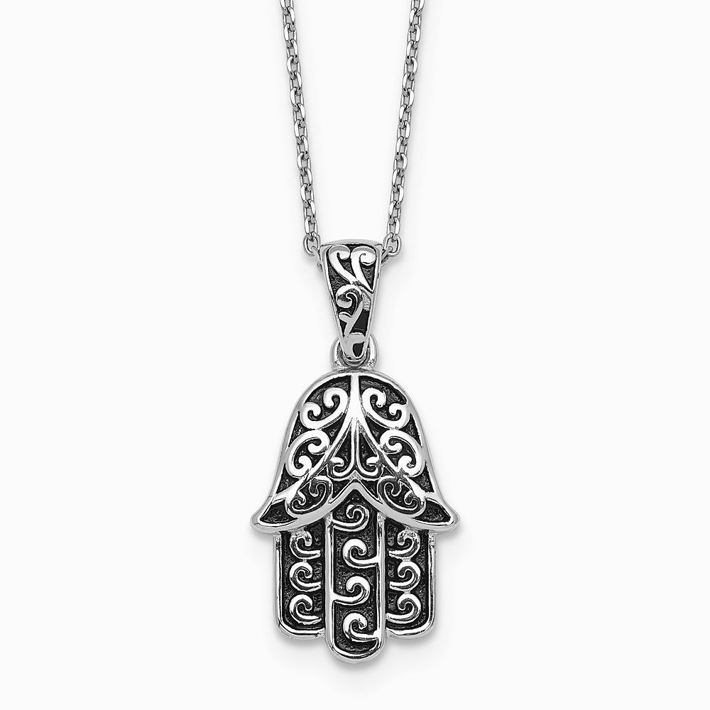 Sterling Silver RH-plated Polished/Oxidized Filigree Hamsa 18 Inch Necklace