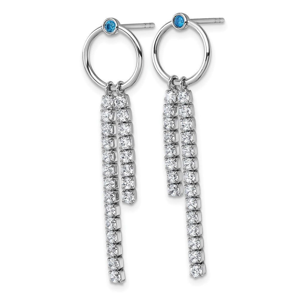 Sterling Silver Rhodium-plated Blue & White CZ Dangle Post Earrings - Product Photo