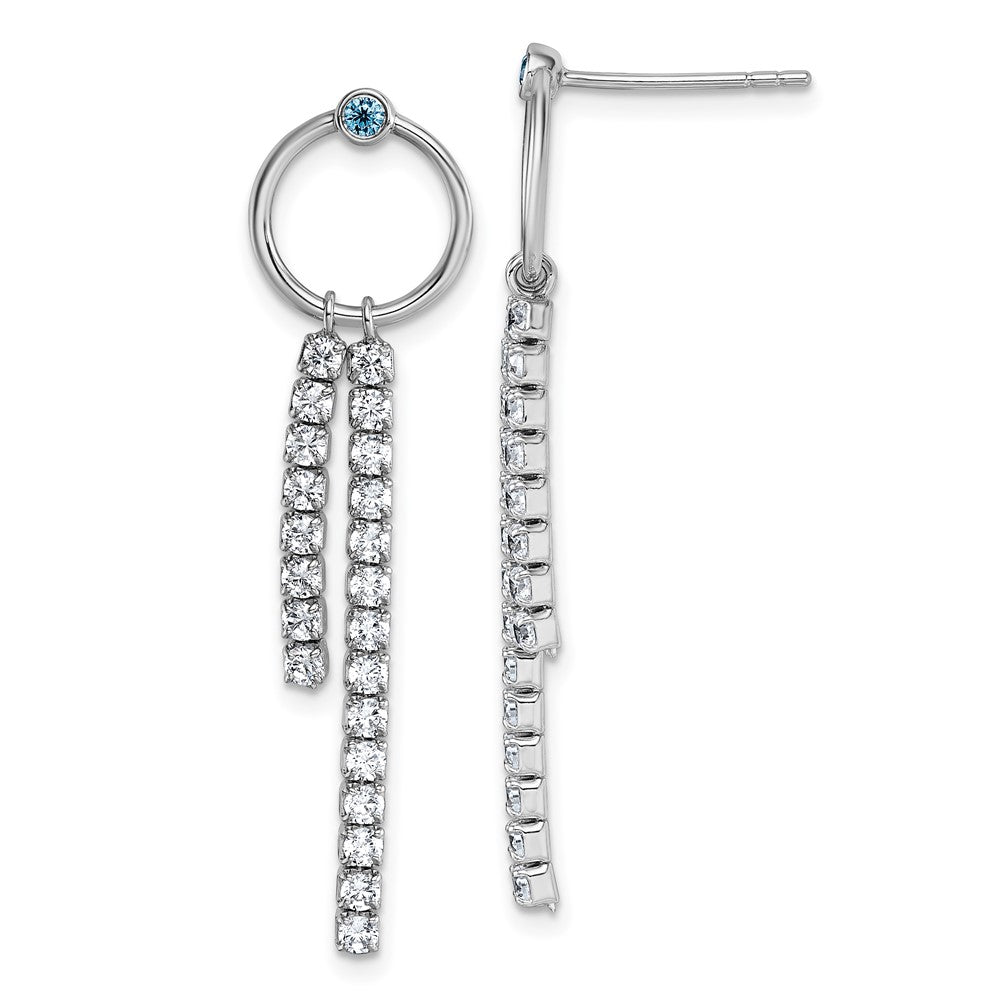 Sterling Silver Rhodium-plated Blue & White CZ Dangle Post Earrings - Product Photo