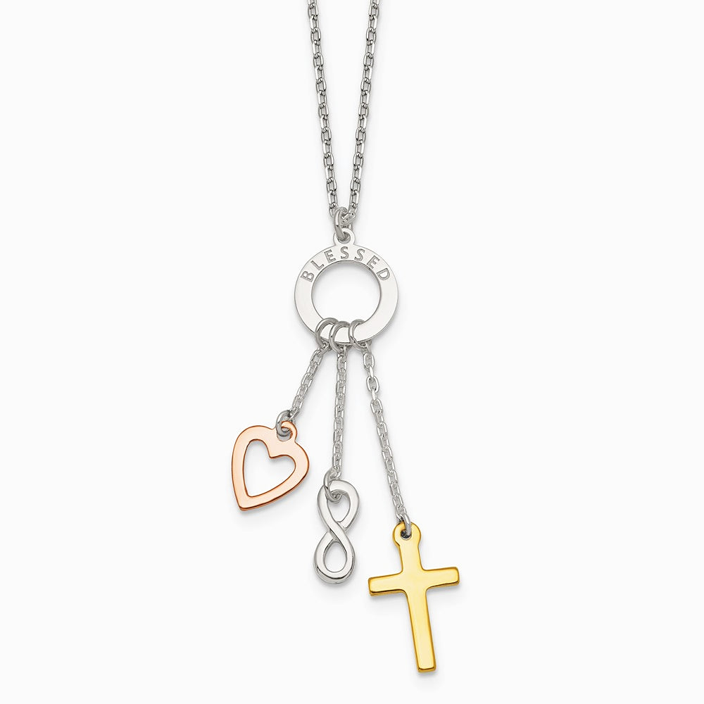 Sterling Silver Gold and Rose-tone Heart Infinity and Cross BLESSED Necklace - Product Photo