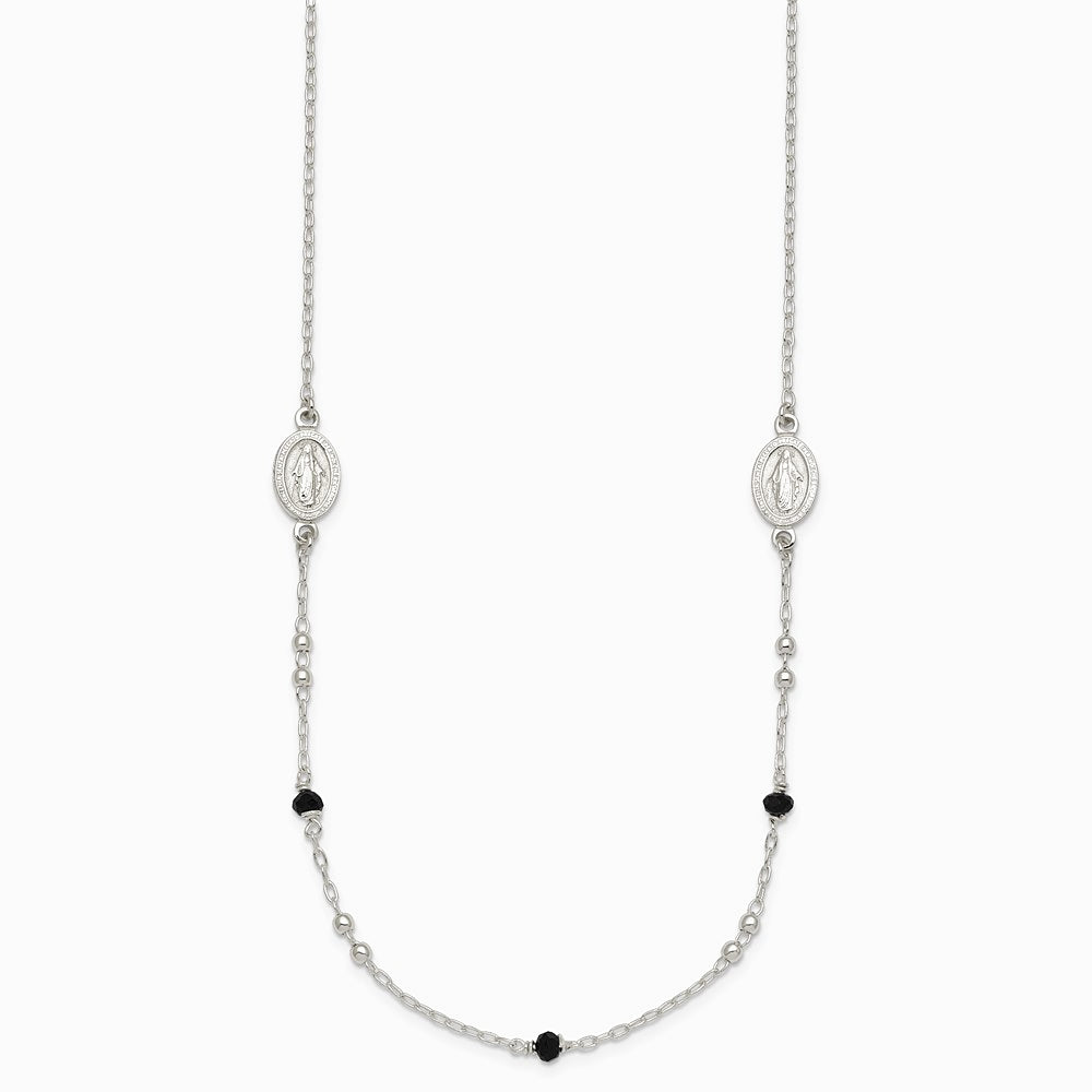 Sterling Silver Textured Black Glass Beads Miraculous Medal Necklace - Product Photo