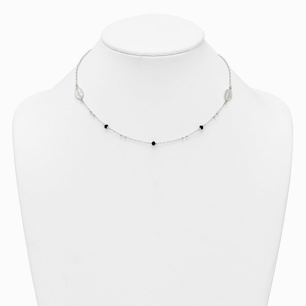Sterling Silver Textured Black Glass Beads Miraculous Medal Necklace - Product Photo