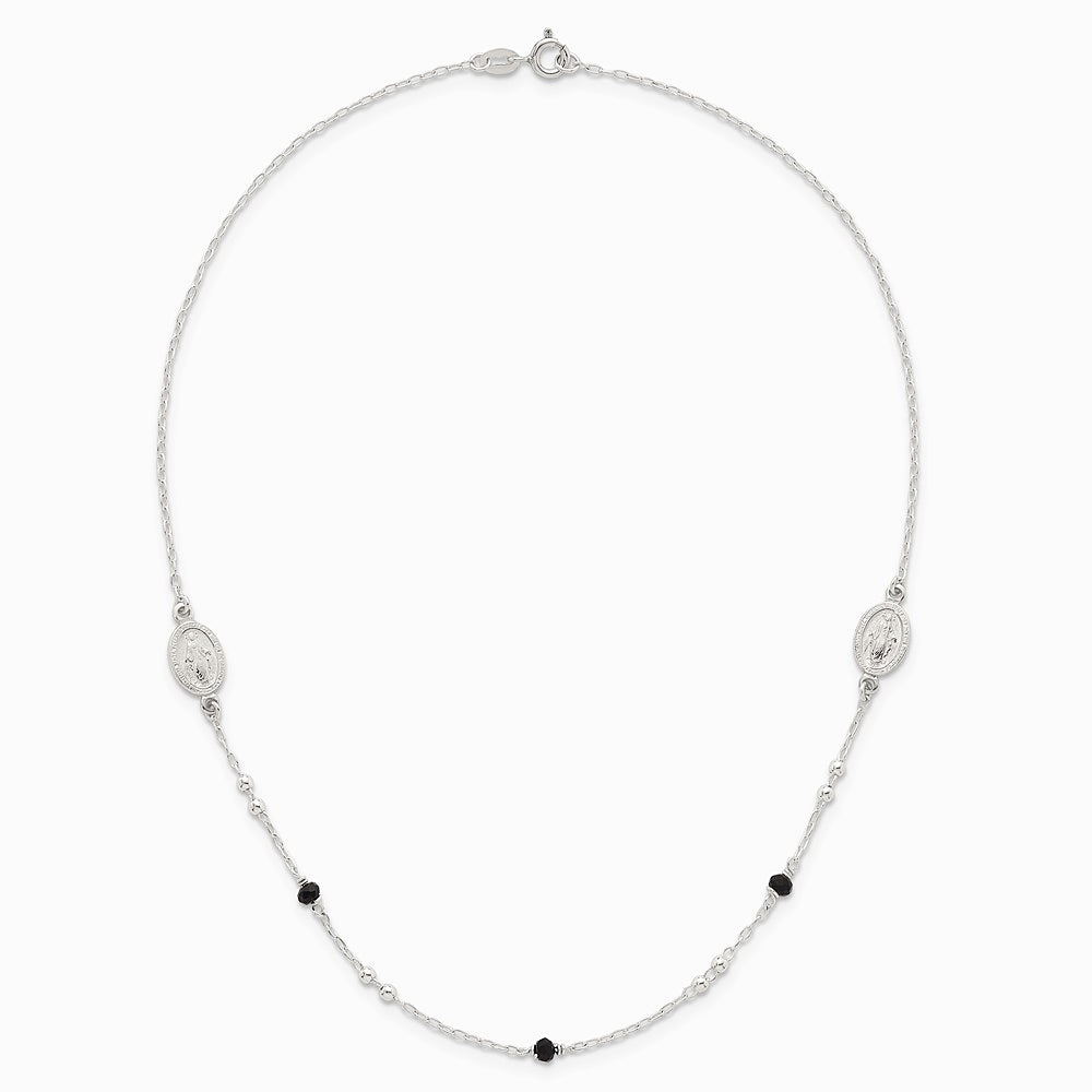 Sterling Silver Textured Black Glass Beads Miraculous Medal Necklace - Product Photo