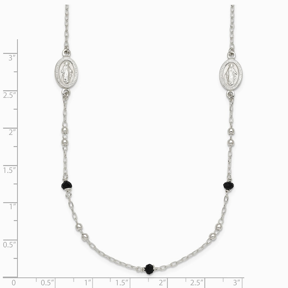 Sterling Silver Textured Black Glass Beads Miraculous Medal Necklace - Product Photo
