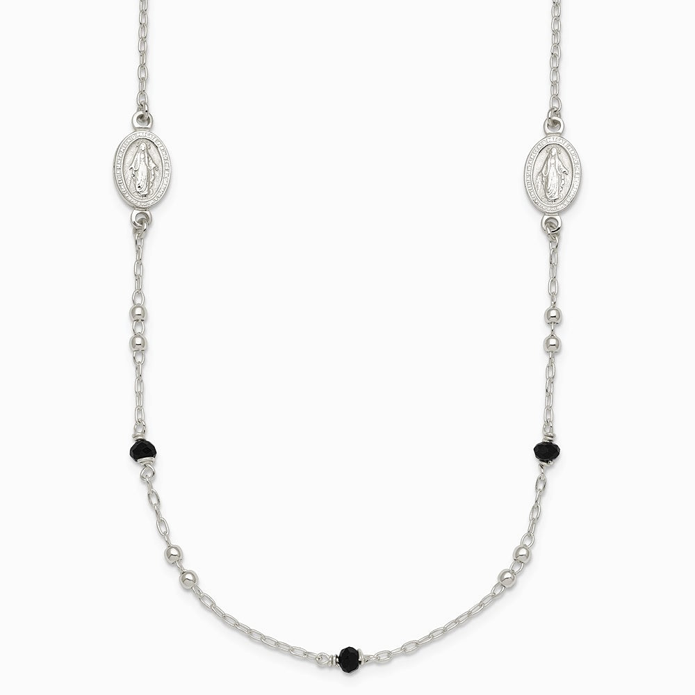 Sterling Silver Textured Black Glass Beads Miraculous Medal Necklace - Product Photo