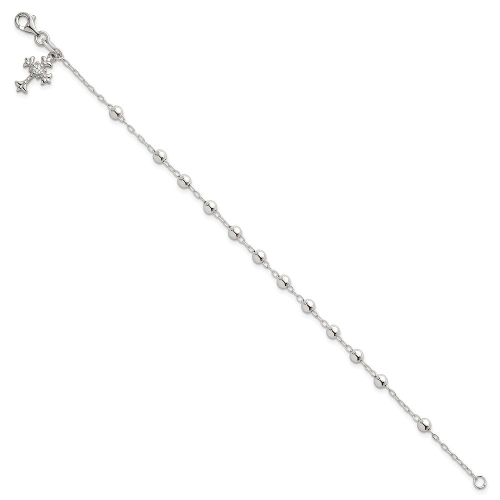 Sterling Silver Polished and Beaded CZ Cross Bracelet - Product Photo