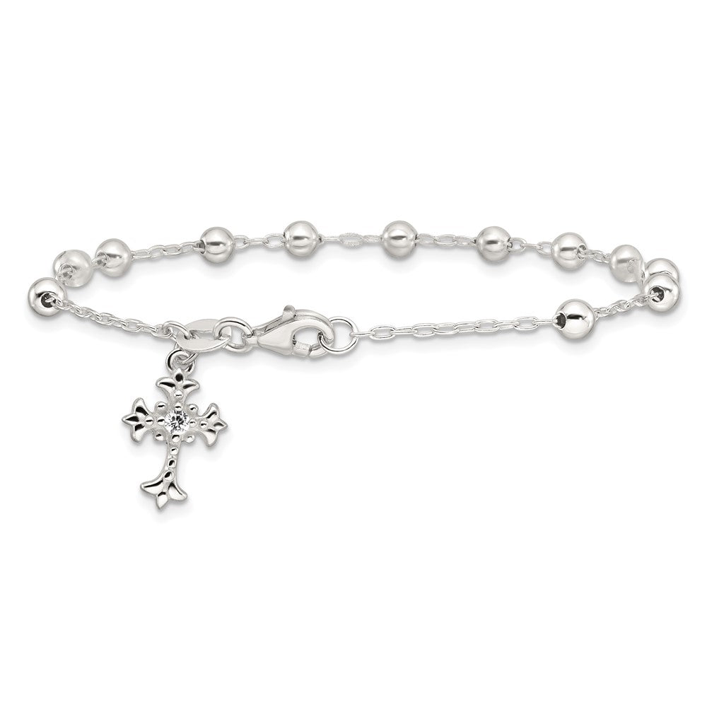 Sterling Silver Polished and Beaded CZ Cross Bracelet - Product Photo