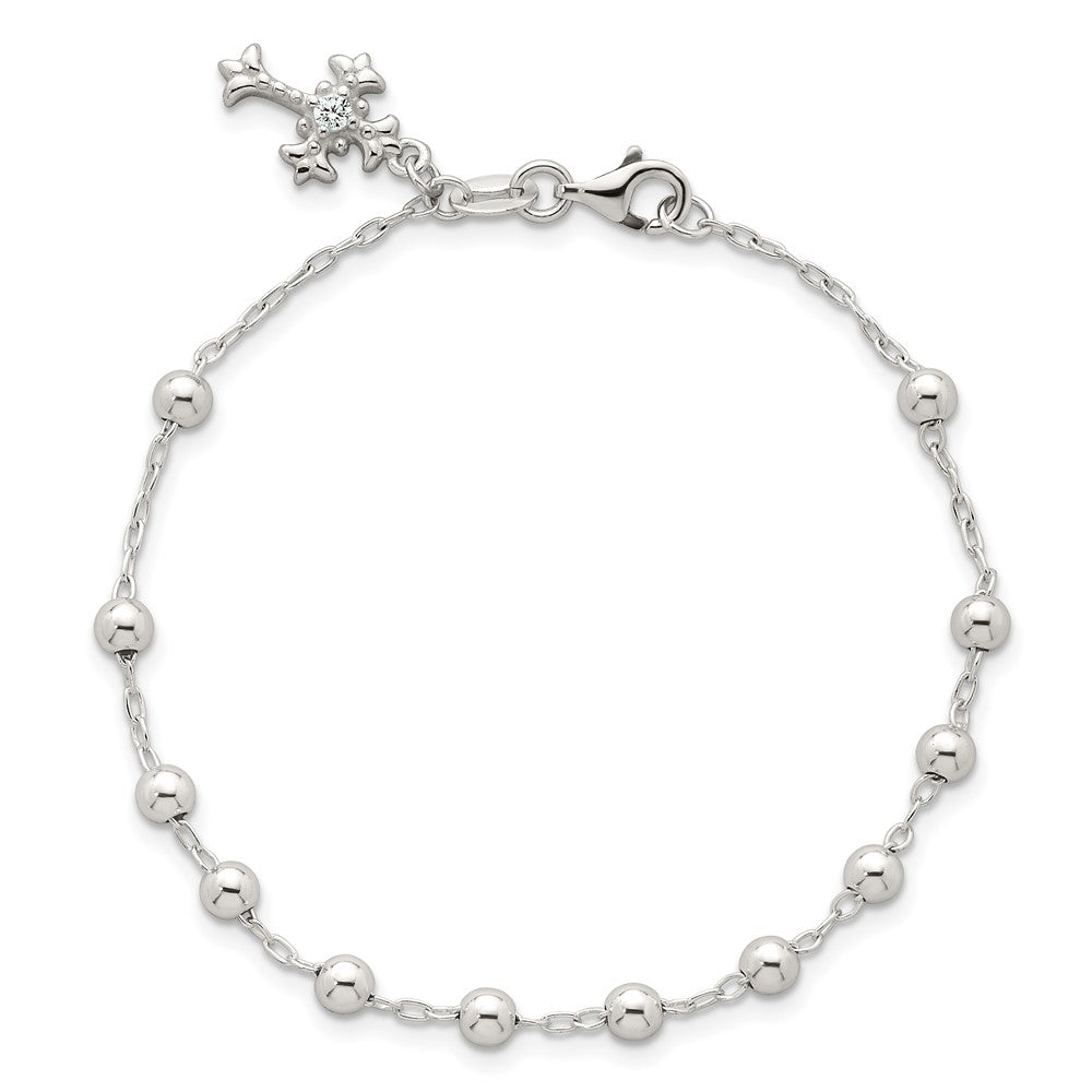Sterling Silver Polished and Beaded CZ Cross Bracelet - Product Photo