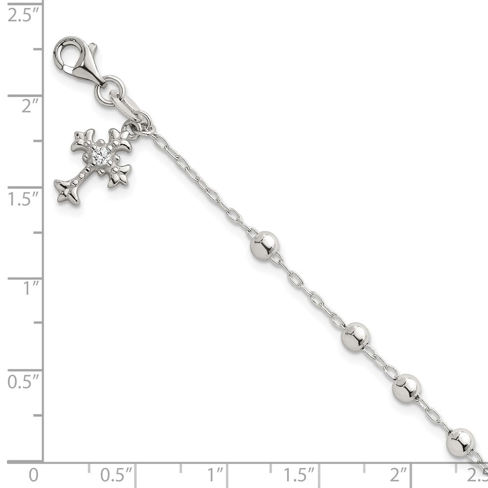 Sterling Silver Polished and Beaded CZ Cross Bracelet - Product Photo