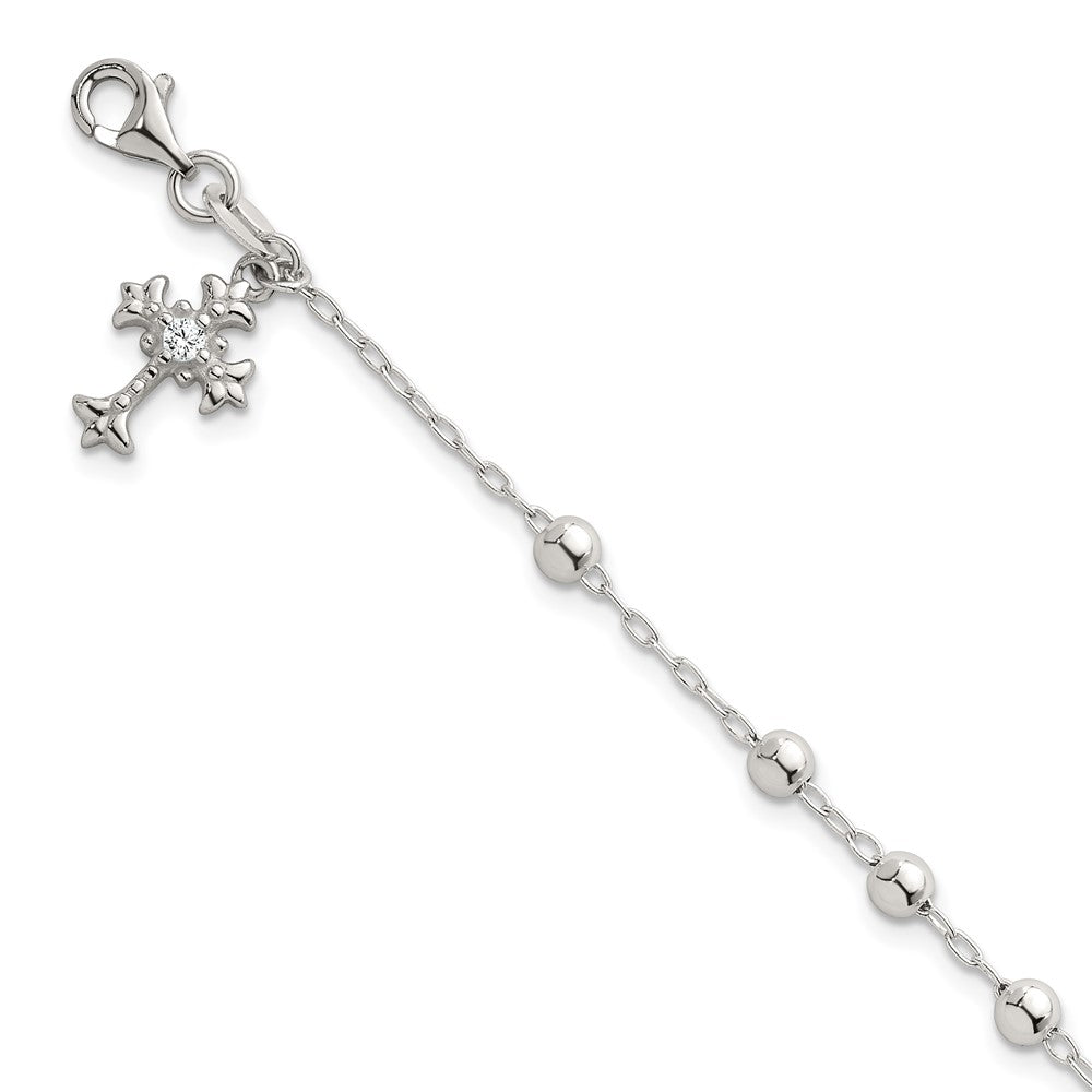 Sterling Silver Polished and Beaded CZ Cross Bracelet - Product Photo