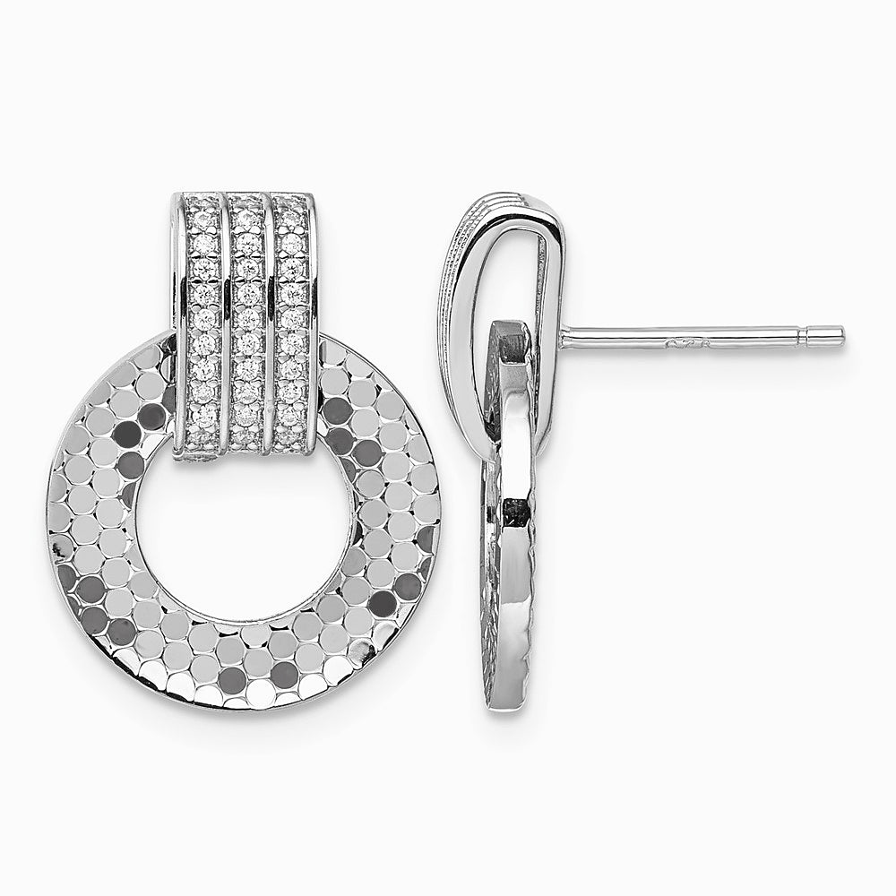 Sterling Silver RH Plated CZ Textured Moveable Circle Dangle Post Earrings - Product Photo