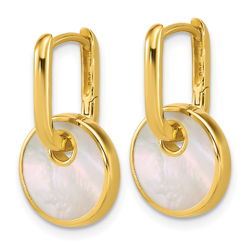 Sterling Silver Gold-plated Mother of Pearl Drop Hinged Hoop Earrings - Product Photo