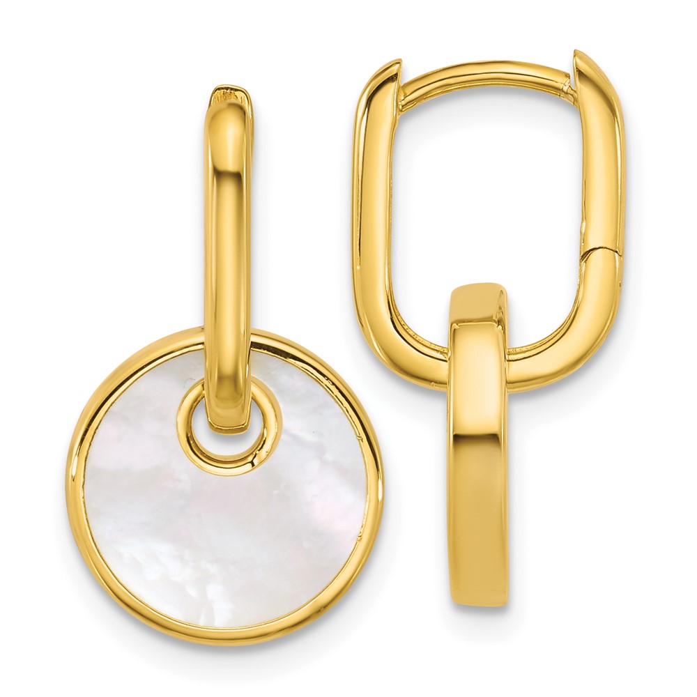 Sterling Silver Gold-plated Mother of Pearl Drop Hinged Hoop Earrings - Product Photo
