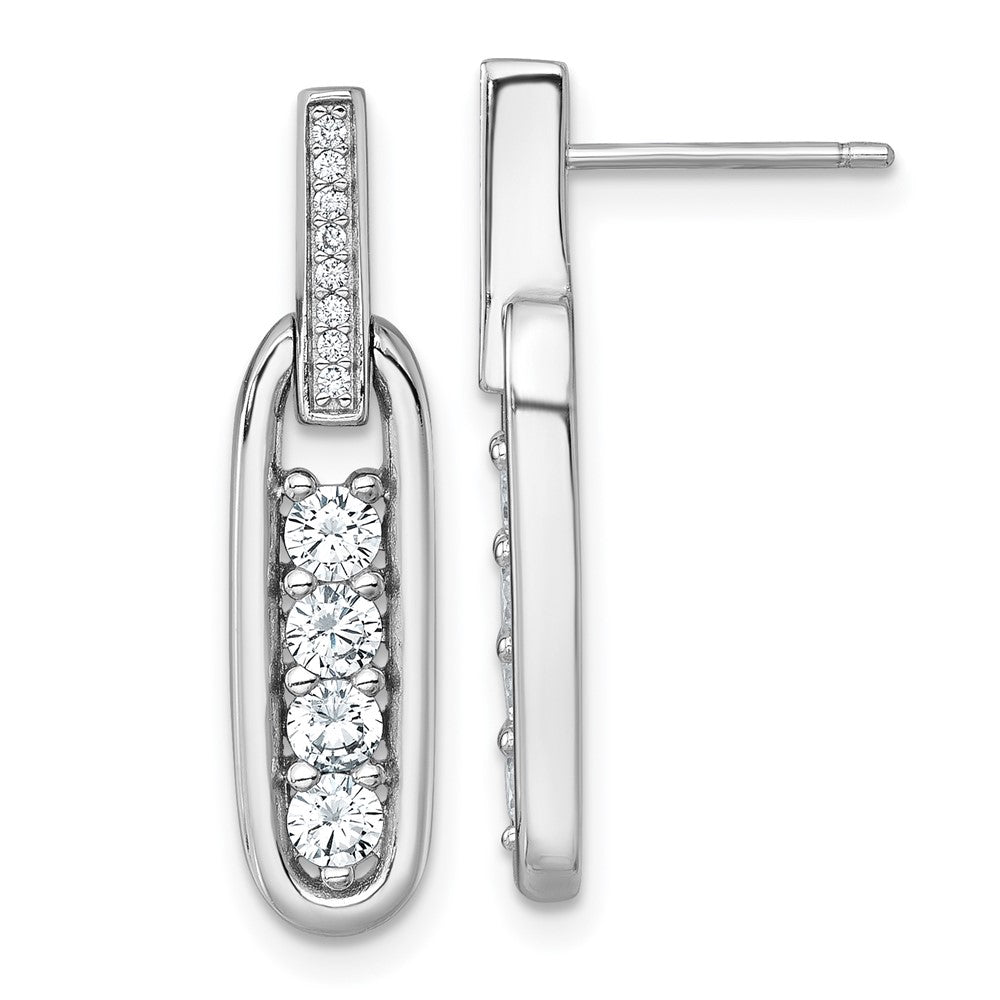 Sterling Silver RH-plated CZ Elongated Oval Post Dangle Earrings